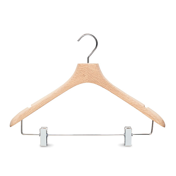 Oak wooden design clothing hanger with metal clips