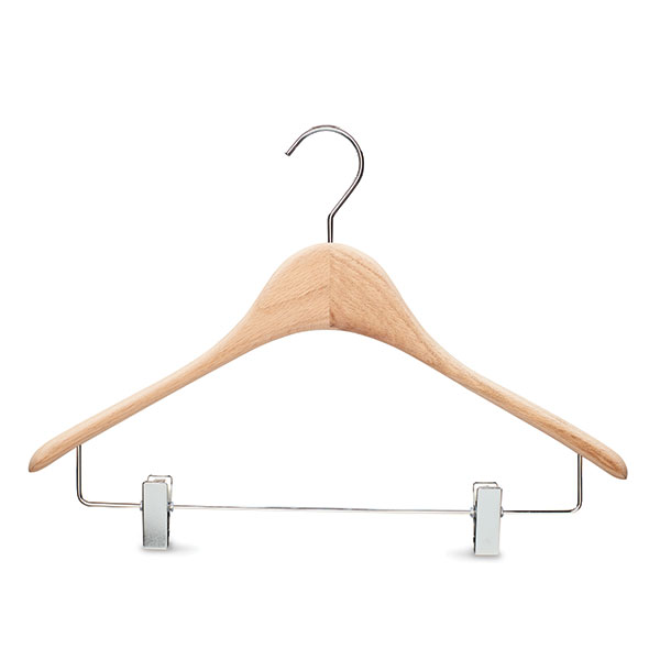 Oak wooden design clothing hanger with metal clips