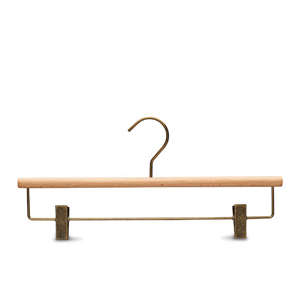 Beech wooden design clothing hanger with bronse clips
