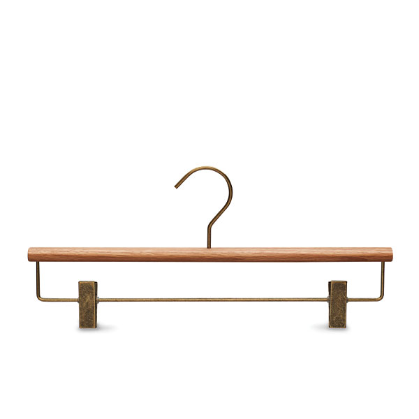 Teak wooden design clothing hanger with bronse clips